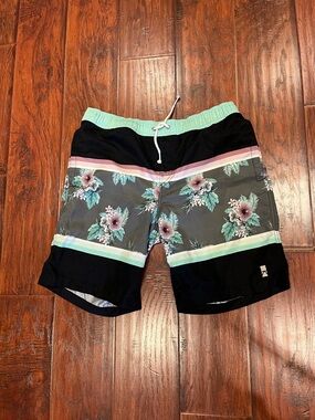 Floral Stripe Men's Swim Board Shorts - Black & Mint